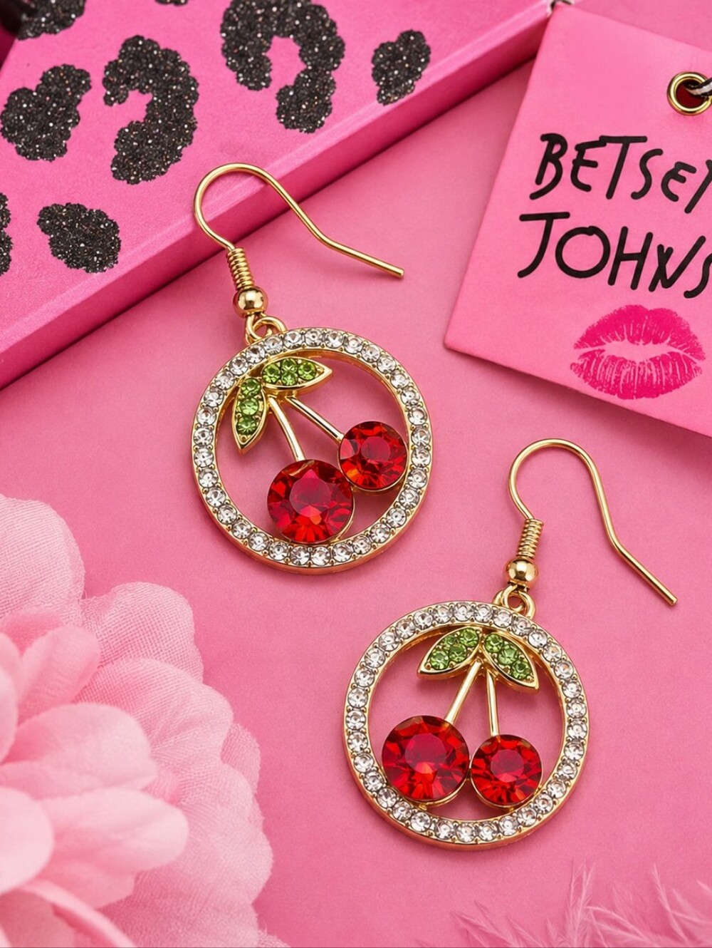 BETSEY JOHNSON SPARKLING DANGLE CHERRY EARRINGS
